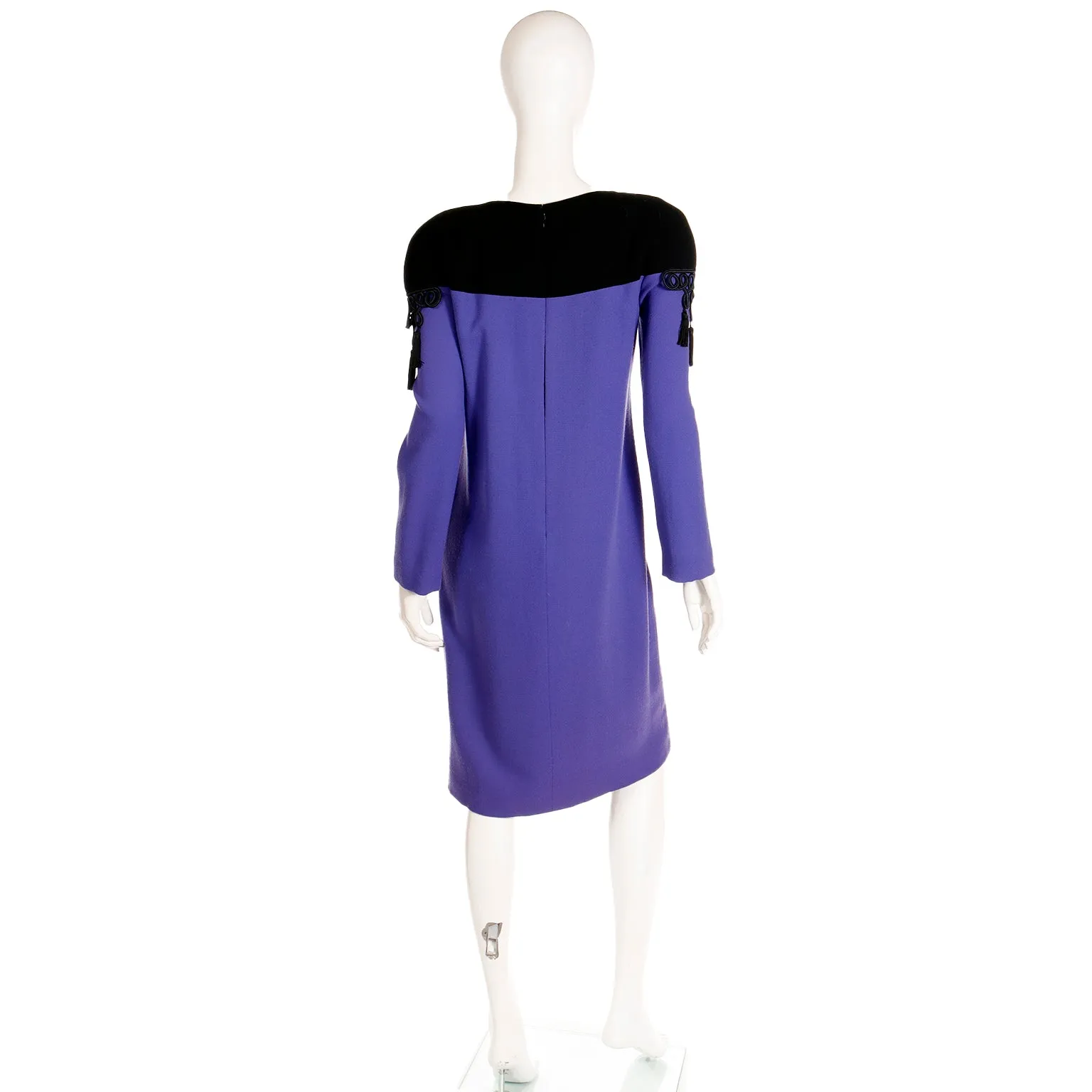 1980s Bob Mackie Purple & Black Dress w Black Braid & Tassels