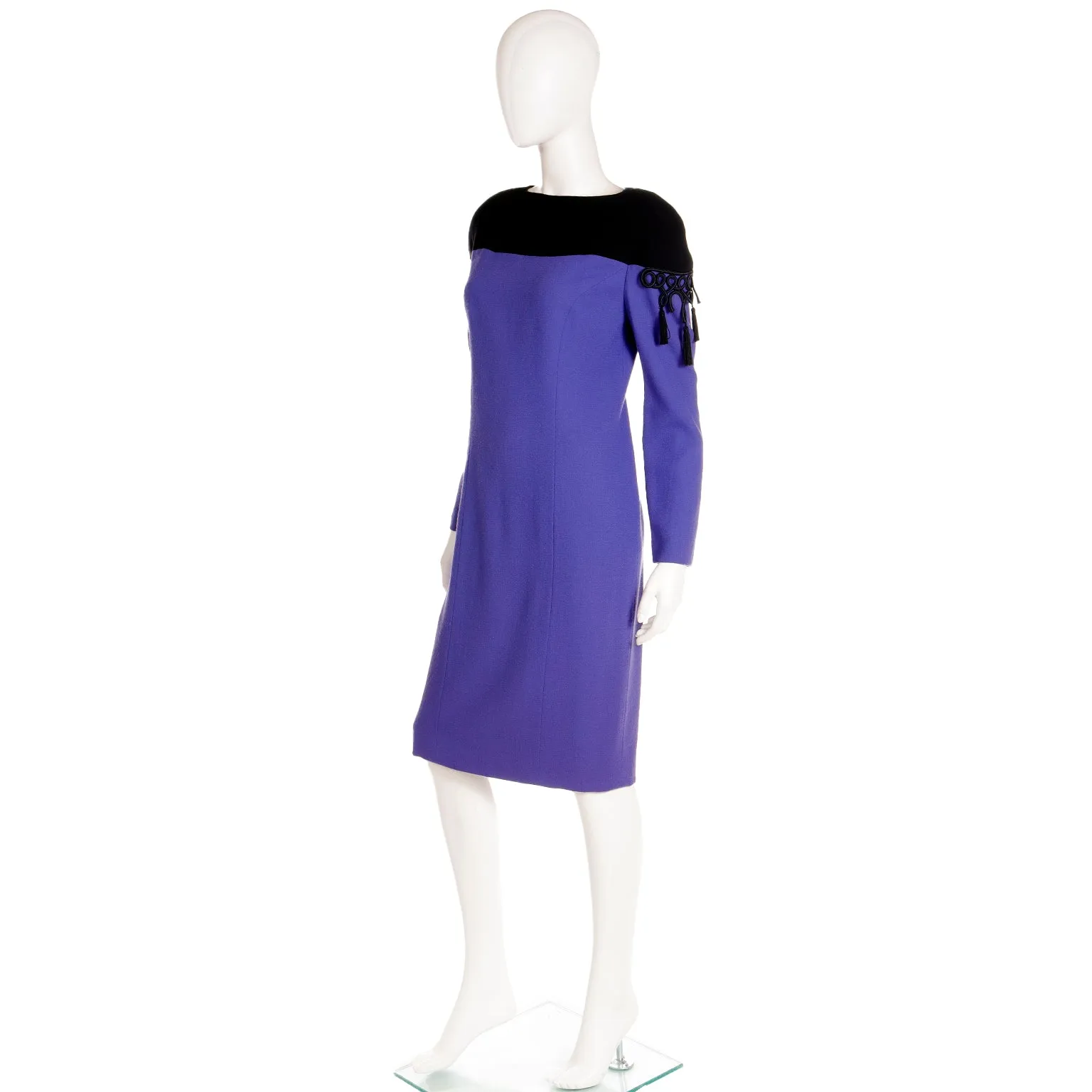 1980s Bob Mackie Purple & Black Dress w Black Braid & Tassels