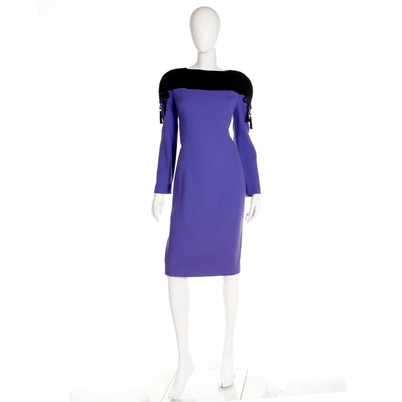 1980s Bob Mackie Purple & Black Dress w Black Braid & Tassels