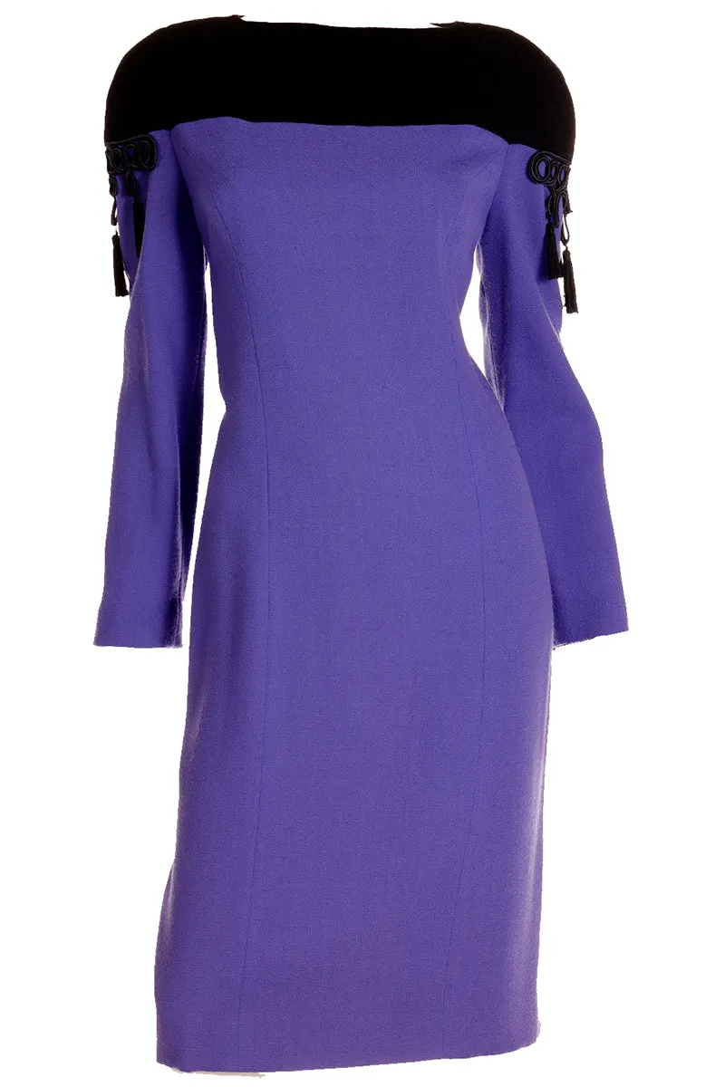 1980s Bob Mackie Purple & Black Dress w Black Braid & Tassels