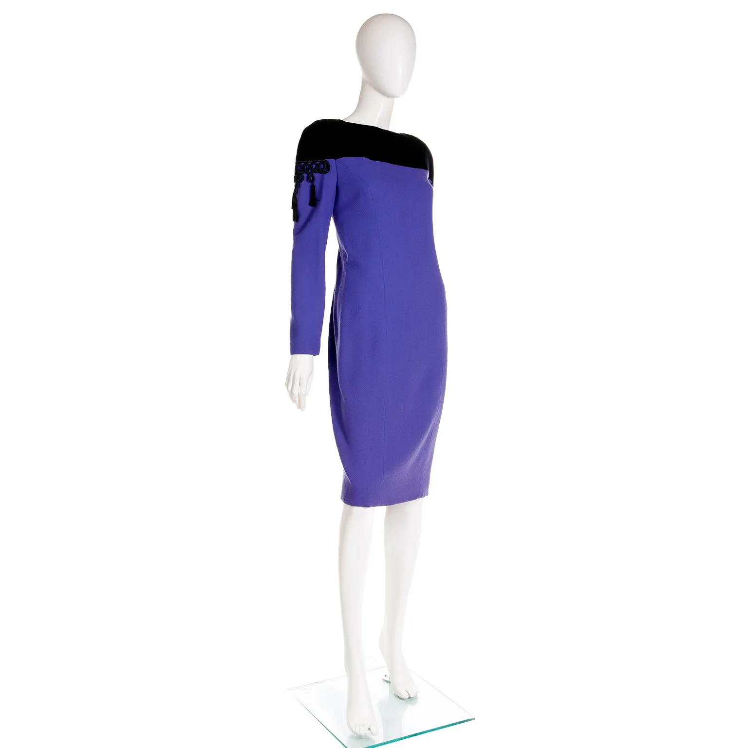 1980s Bob Mackie Purple & Black Dress w Black Braid & Tassels