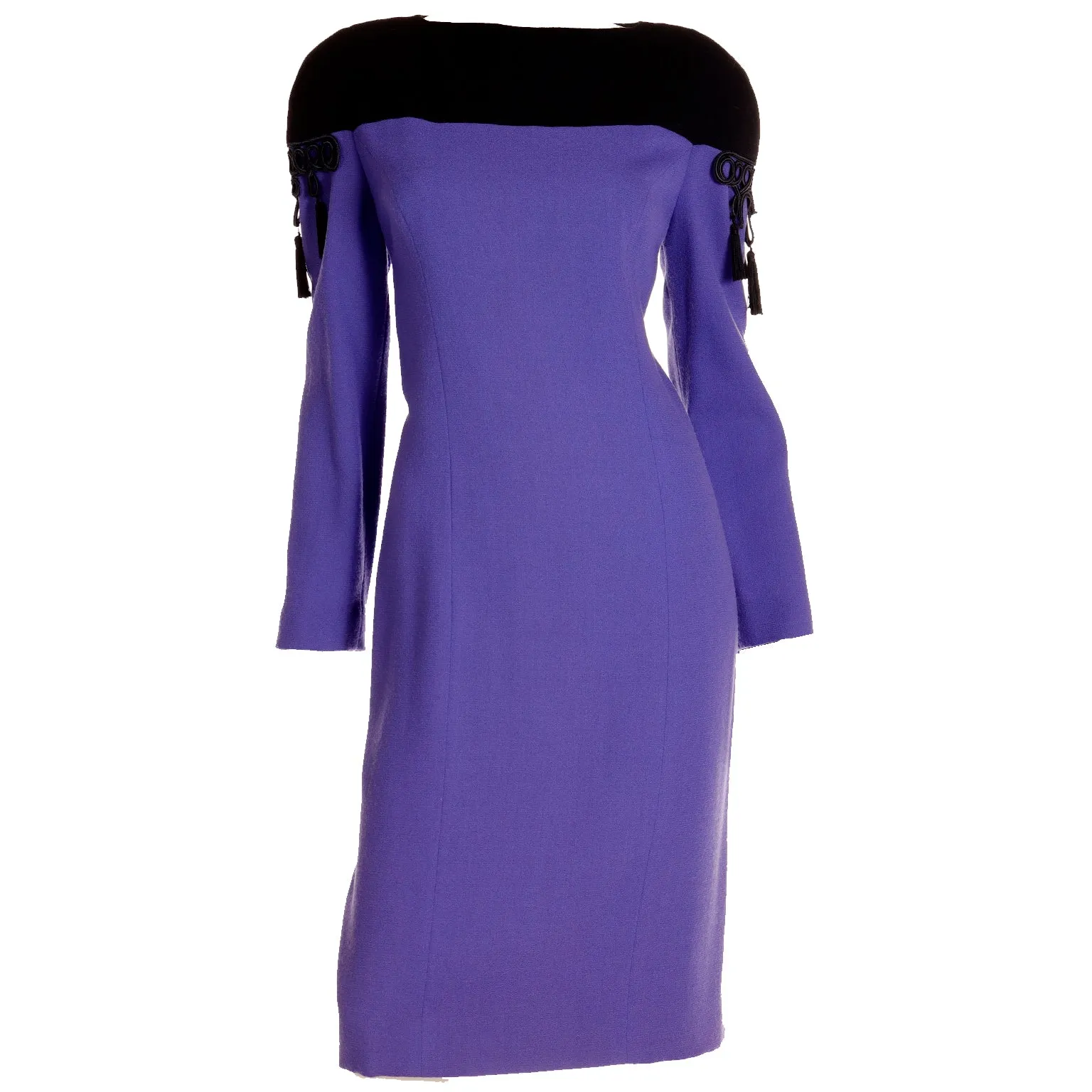 1980s Bob Mackie Purple & Black Dress w Black Braid & Tassels