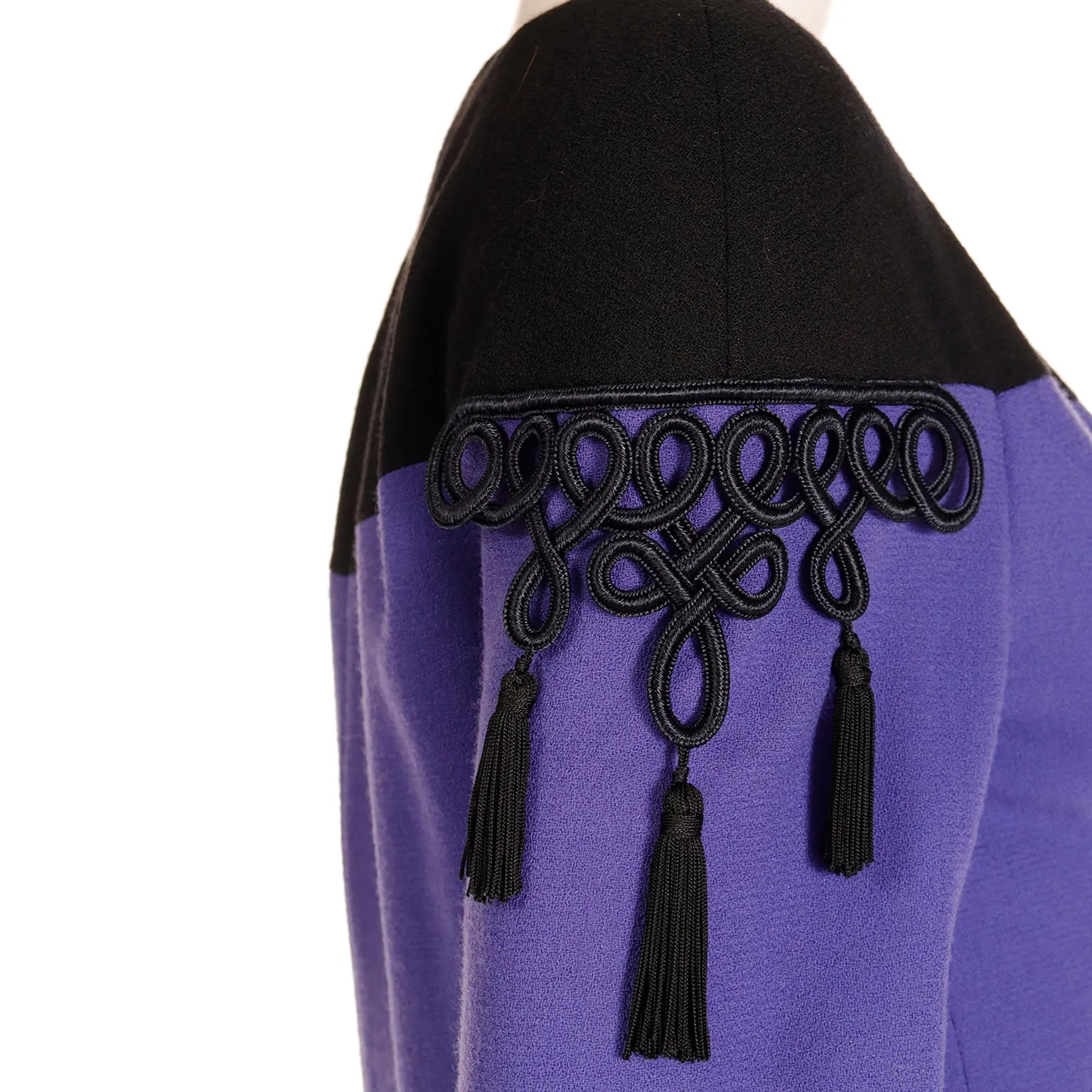 1980s Bob Mackie Purple & Black Dress w Black Braid & Tassels