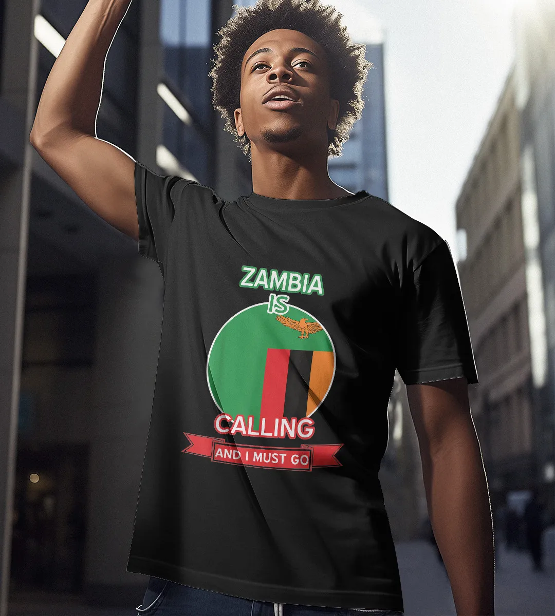 1sttheworld T-Shirt - Cirl Zambia Flag Is Calling And I Must Go T-Shirt Black A35