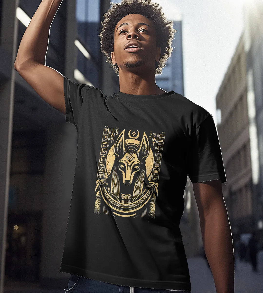 1sttheworld T-Shirt - Egyptian God Anubis  Hieroglyphics  Ancient T-Shirt Black A35