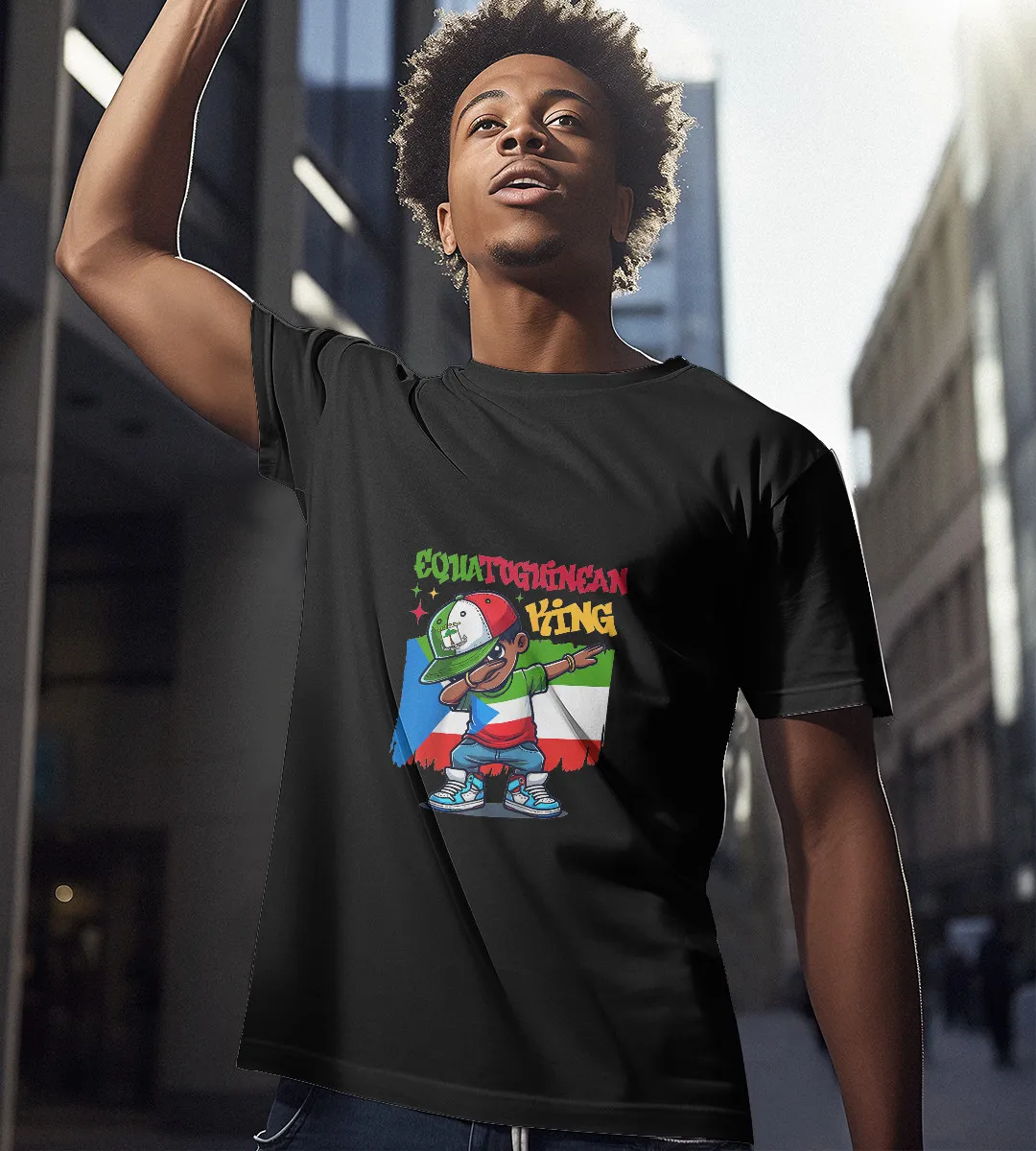 1sttheworld T-Shirt - Equatoguinean King Dabbing Flag T-Shirt Black A35