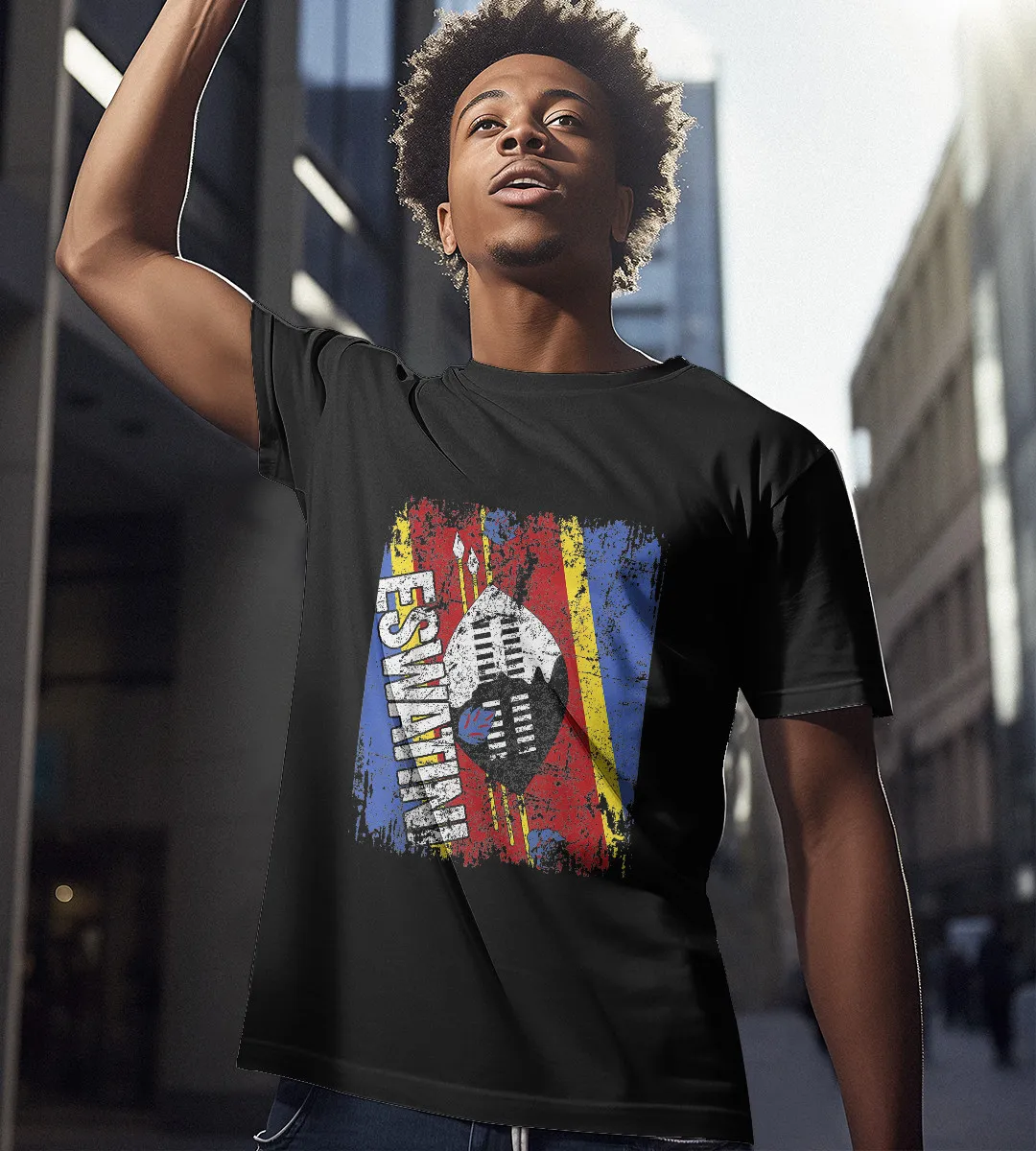 1sttheworld T-Shirt - Eswatini Flag Vintage Distressed T-Shirt Black A35
