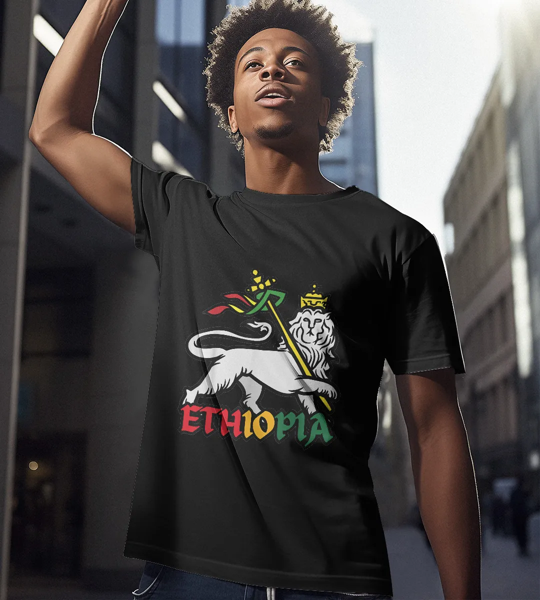1sttheworld T-Shirt - Ethiopian Apparel Lion Of Judah Art T-Shirt Black A35
