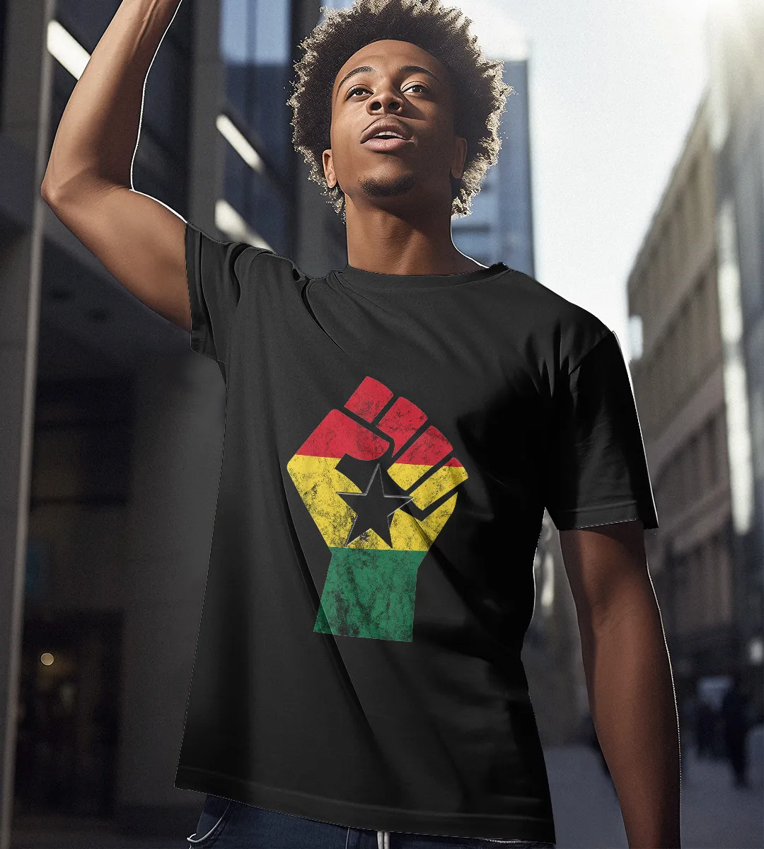 1sttheworld T-Shirt - Fist Ghanaian Flag African Roots T-Shirt Black A35