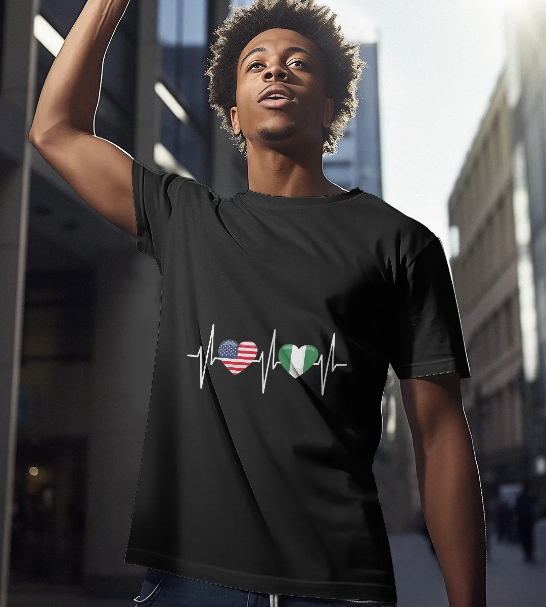 1sttheworld T-Shirt - Heartbeat America Nigerian Flag T-Shirt Black A35