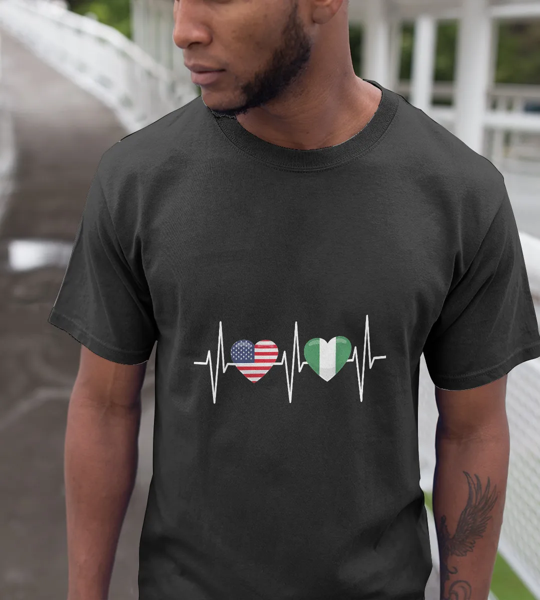 1sttheworld T-Shirt - Heartbeat America Nigerian Flag T-Shirt Black A35