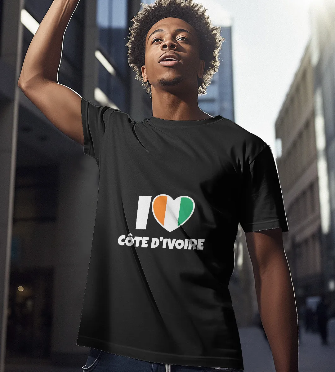1sttheworld T-Shirt - I Love Côte d'Ivoire (Ivory Coast) with Flag and Heart T-Shirt Black A35