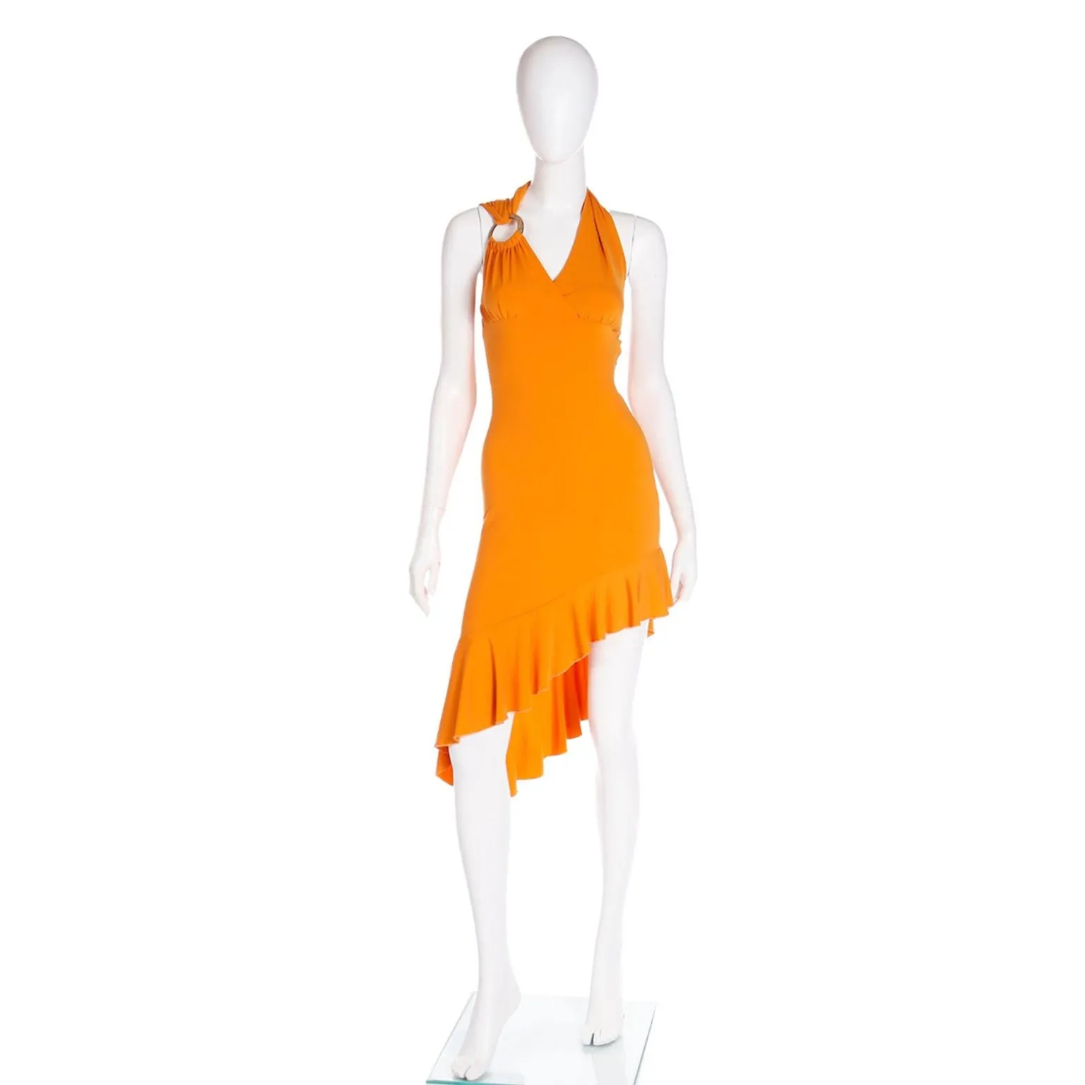 2000s Gianni Versace Deadstock Tangerine Orange Asymmetrical Dress w Tag
