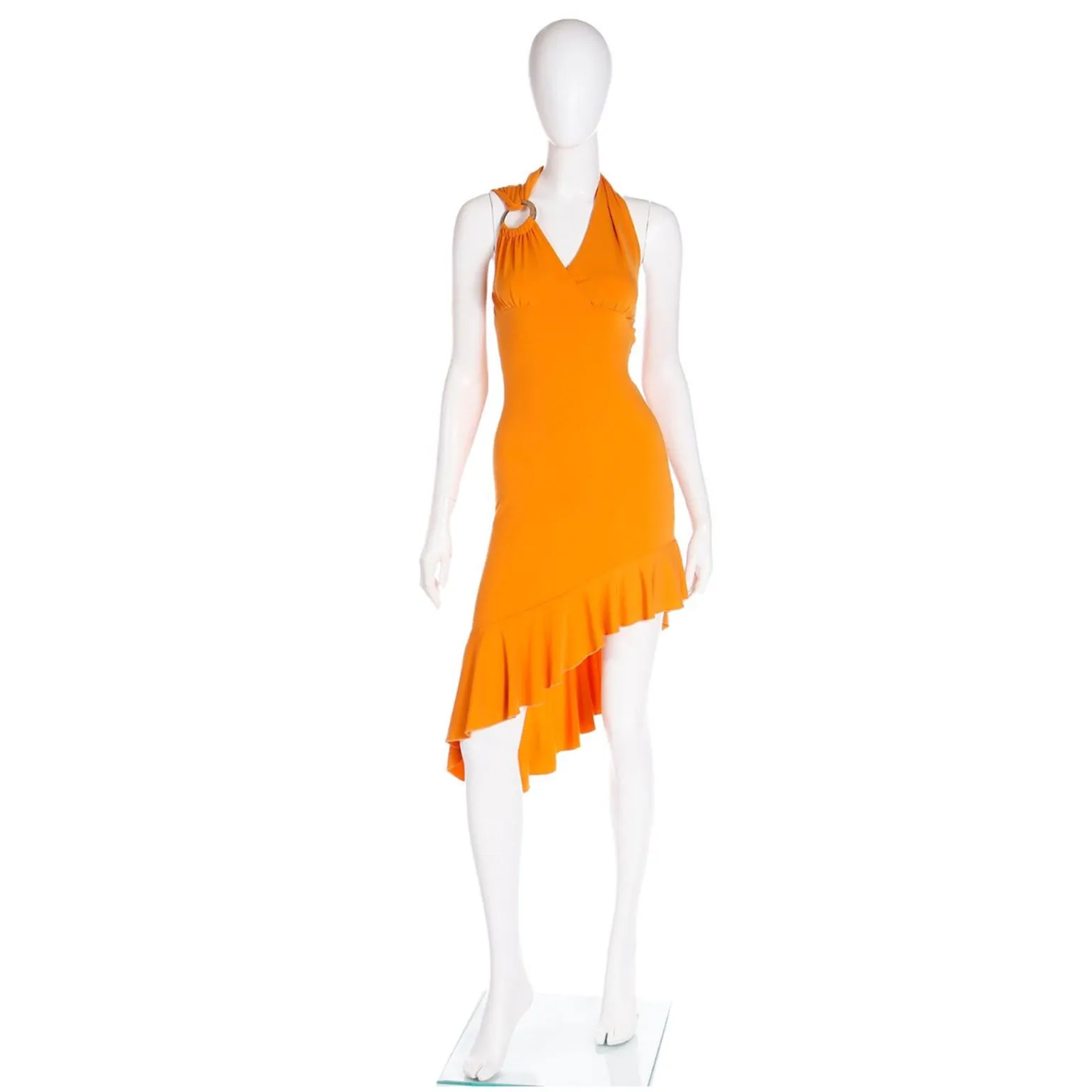 2000s Gianni Versace Deadstock Tangerine Orange Asymmetrical Dress w Tag