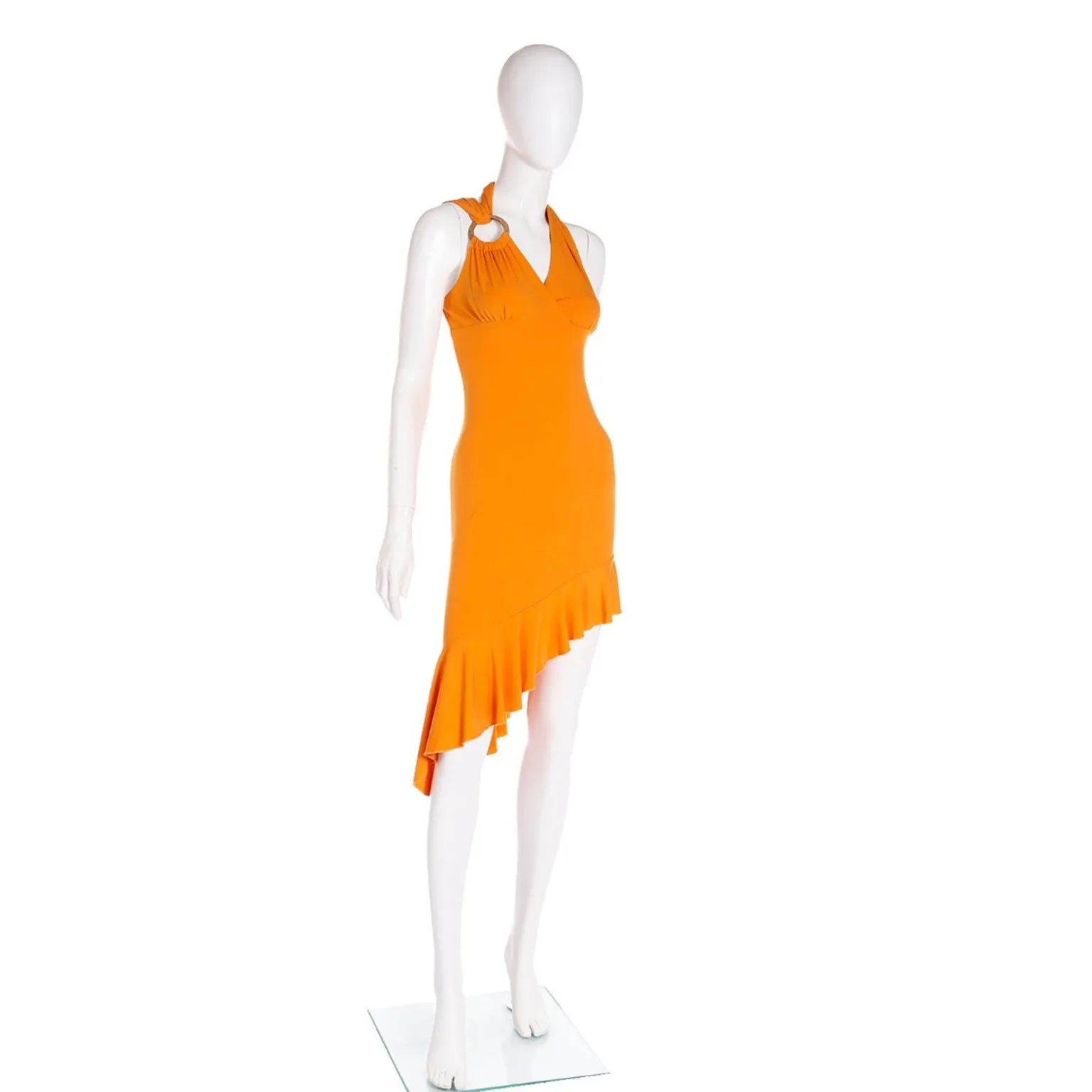 2000s Gianni Versace Deadstock Tangerine Orange Asymmetrical Dress w Tag
