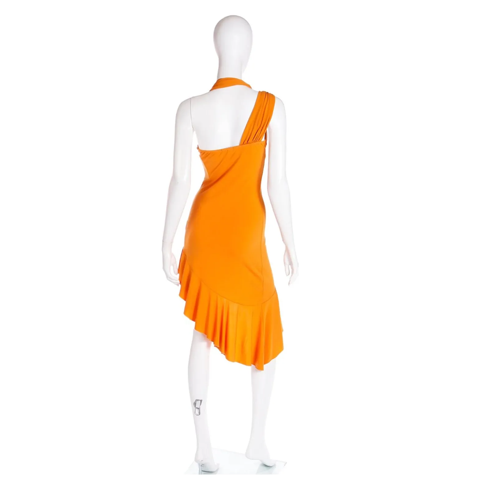 2000s Gianni Versace Deadstock Tangerine Orange Asymmetrical Dress w Tag