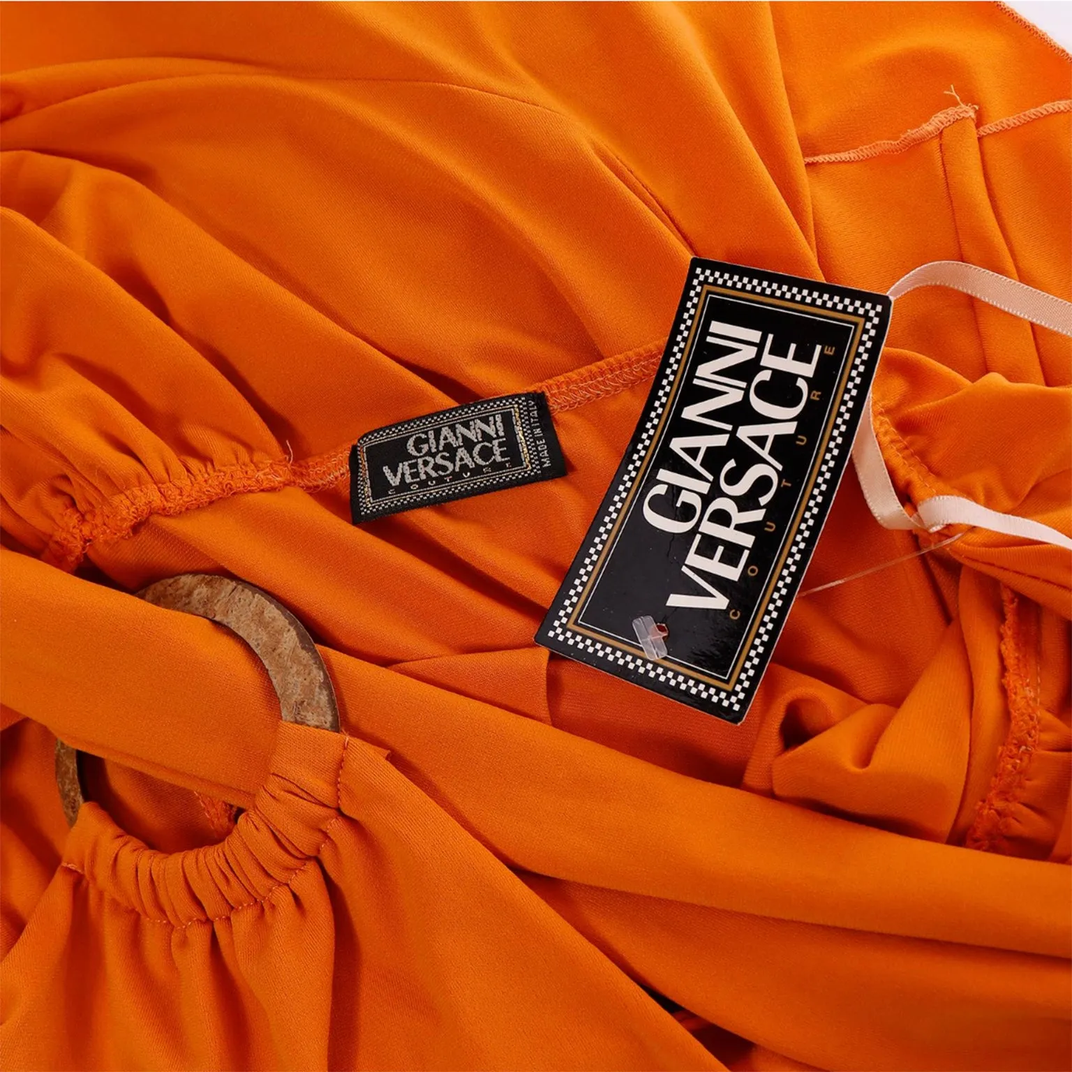 2000s Gianni Versace Deadstock Tangerine Orange Asymmetrical Dress w Tag