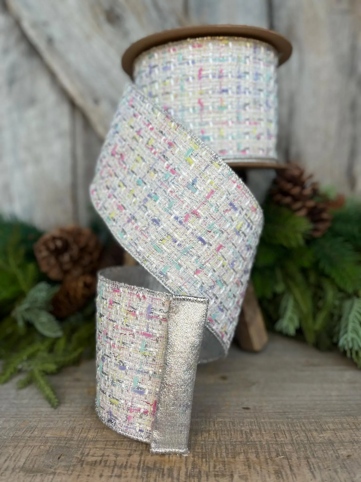 4" White Tweed Ribbon, Pastel Christmas Ribbon
