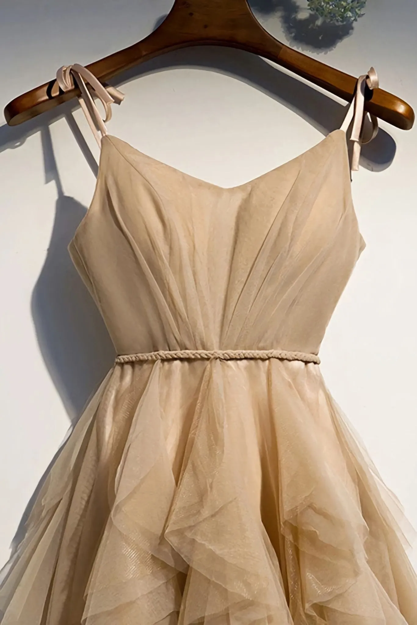 A Line Champage Spaghetti Straps Ruffles Tulle Prom Dresses Lace Up Prom Gowns