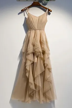 A Line Champage Spaghetti Straps Ruffles Tulle Prom Dresses Lace Up Prom Gowns