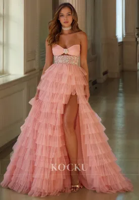A-Line Sweetheart Sleeveless High Split Pleated Lace Evening Gowns with Beaded Prom Dress