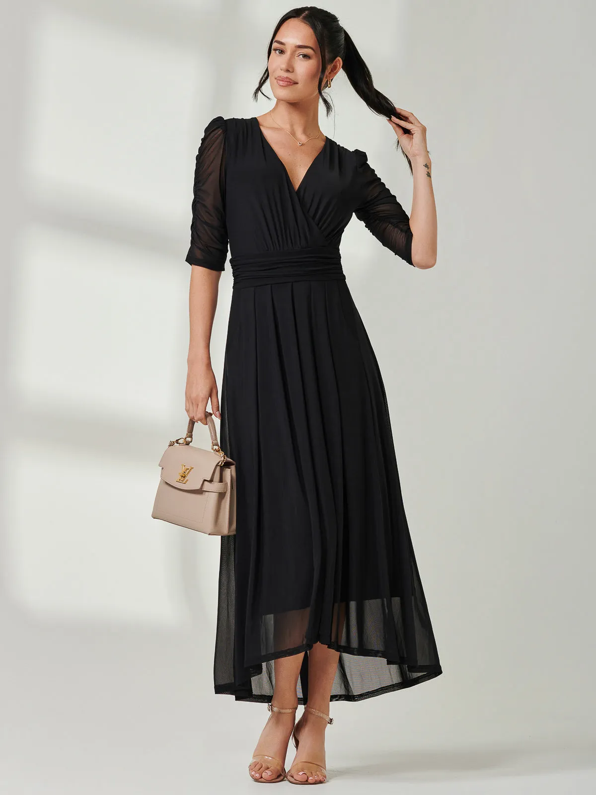 Aneissa Ruched Sleeve Mesh Maxi Dress, Black