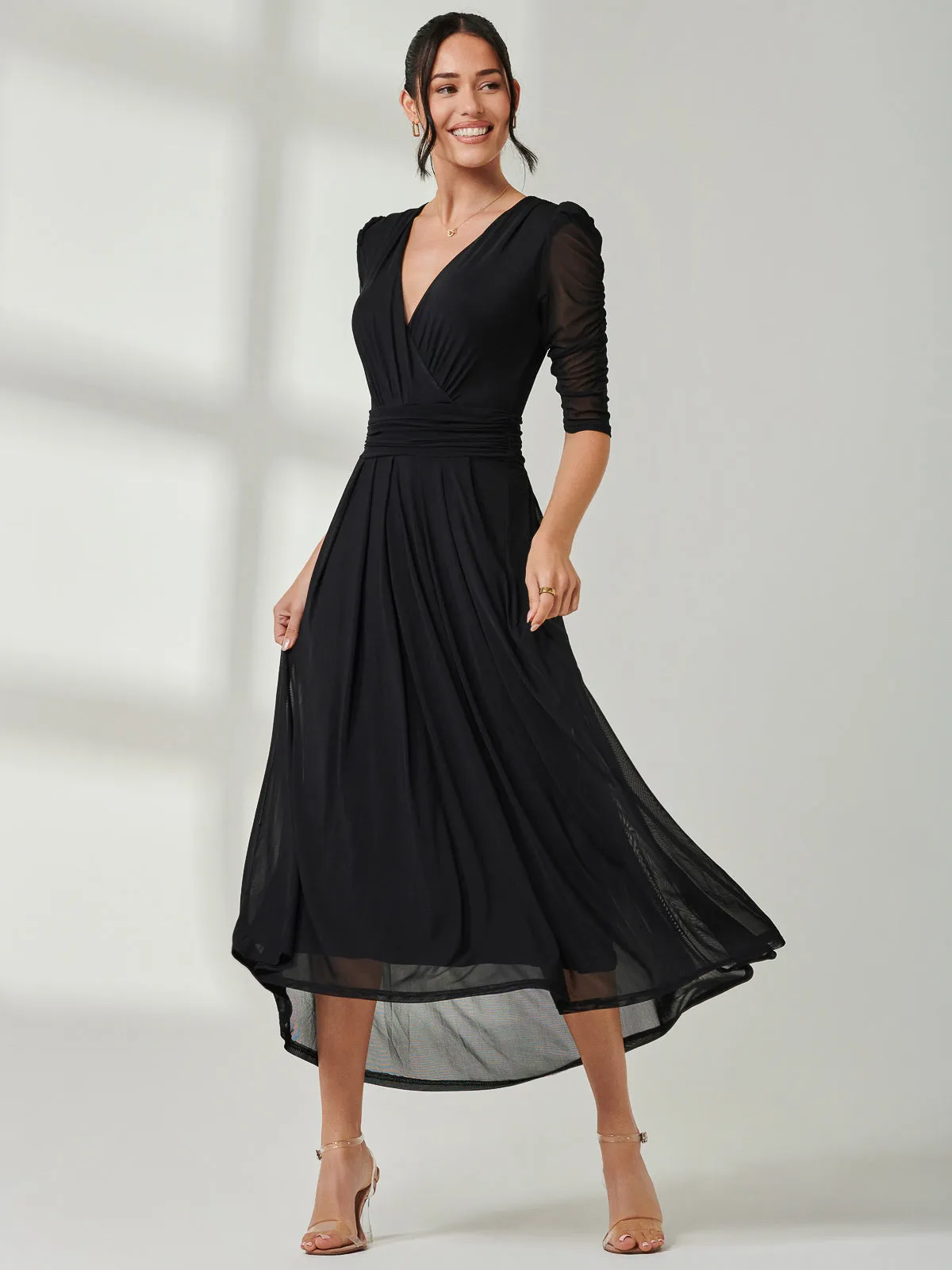 Aneissa Ruched Sleeve Mesh Maxi Dress, Black