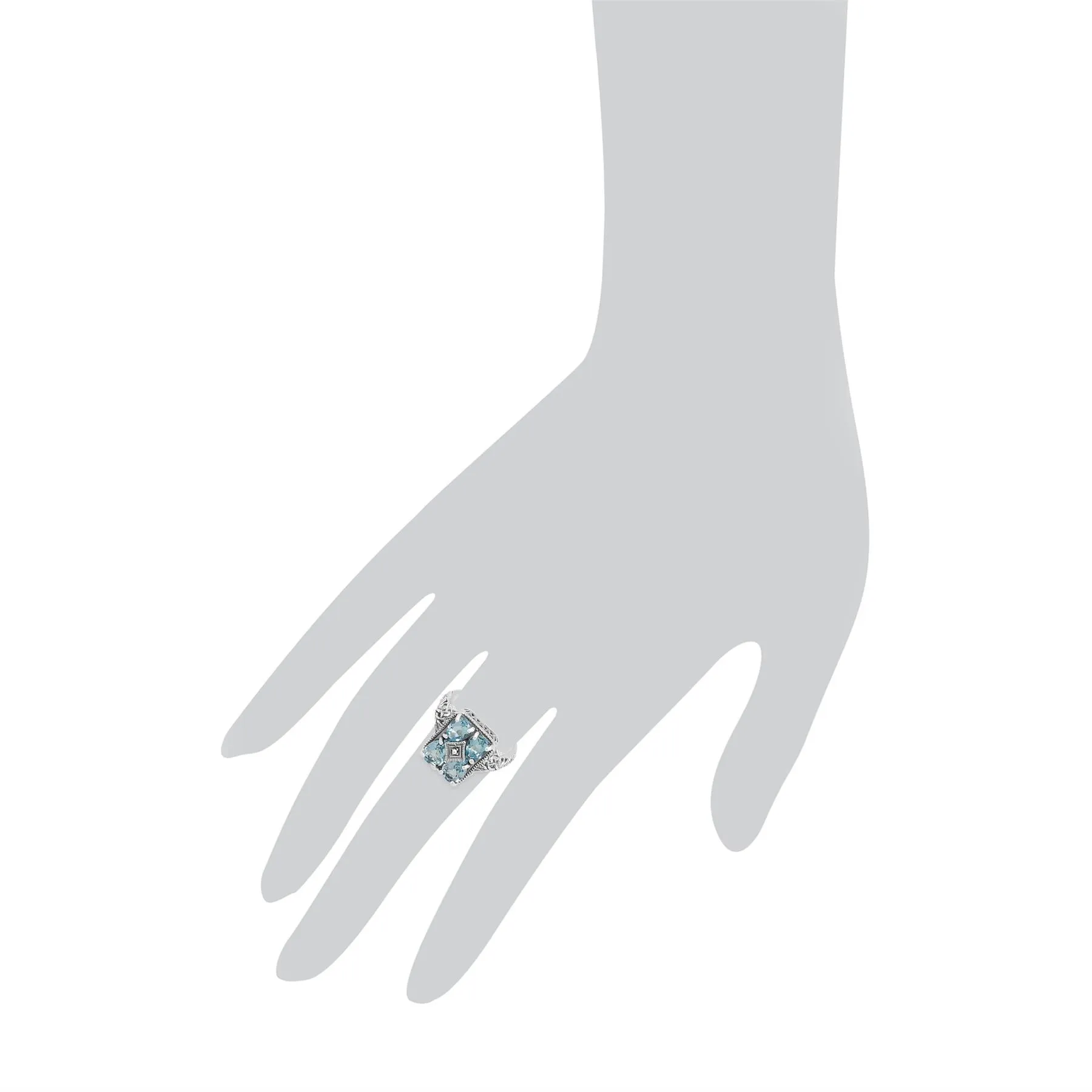 Art Nouveau Inspirierter Blau Topas Aussage Ring in 925 Sterling Silber