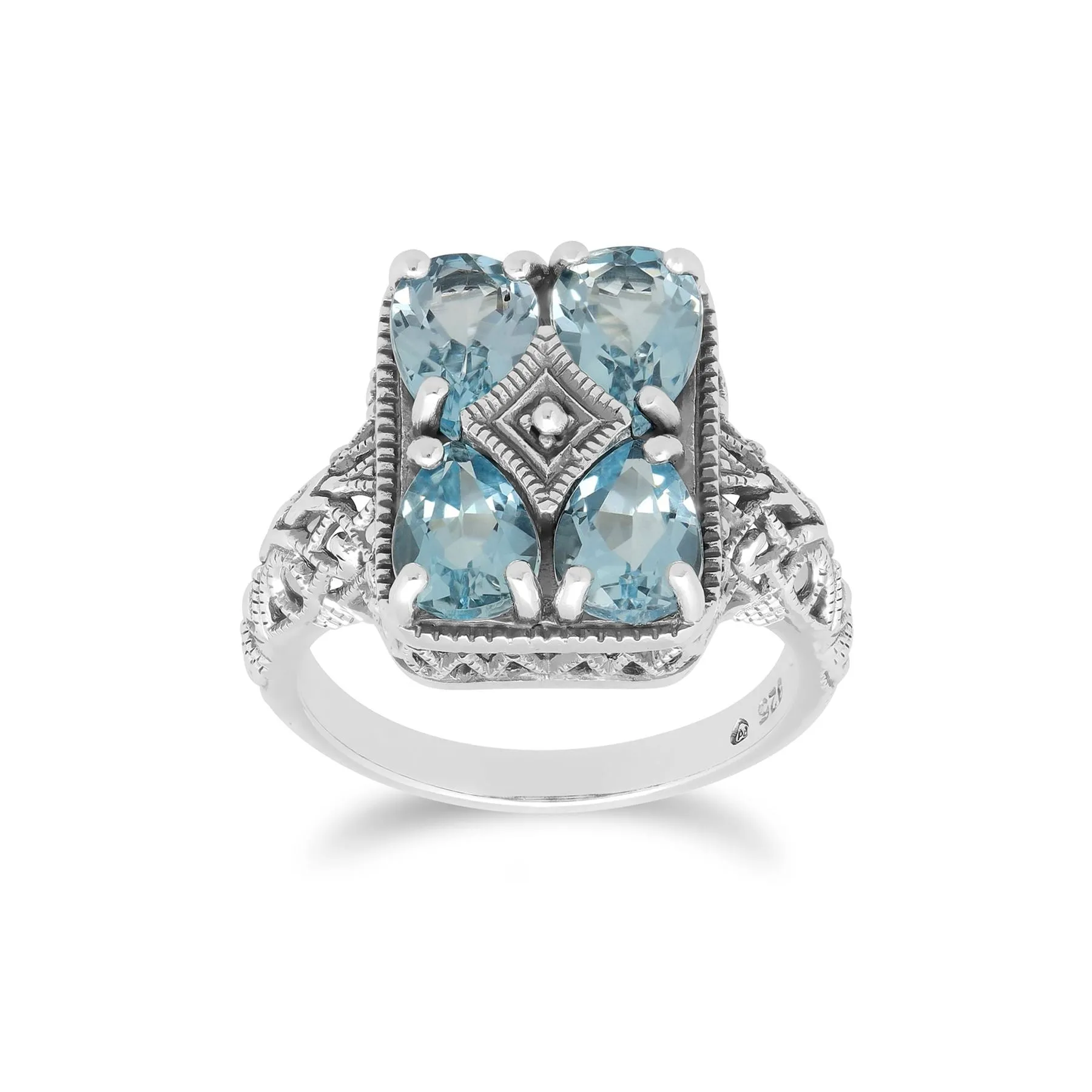 Art Nouveau Inspirierter Blau Topas Aussage Ring in 925 Sterling Silber