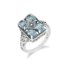 Art Nouveau Inspirierter Blau Topas Aussage Ring in 925 Sterling Silber