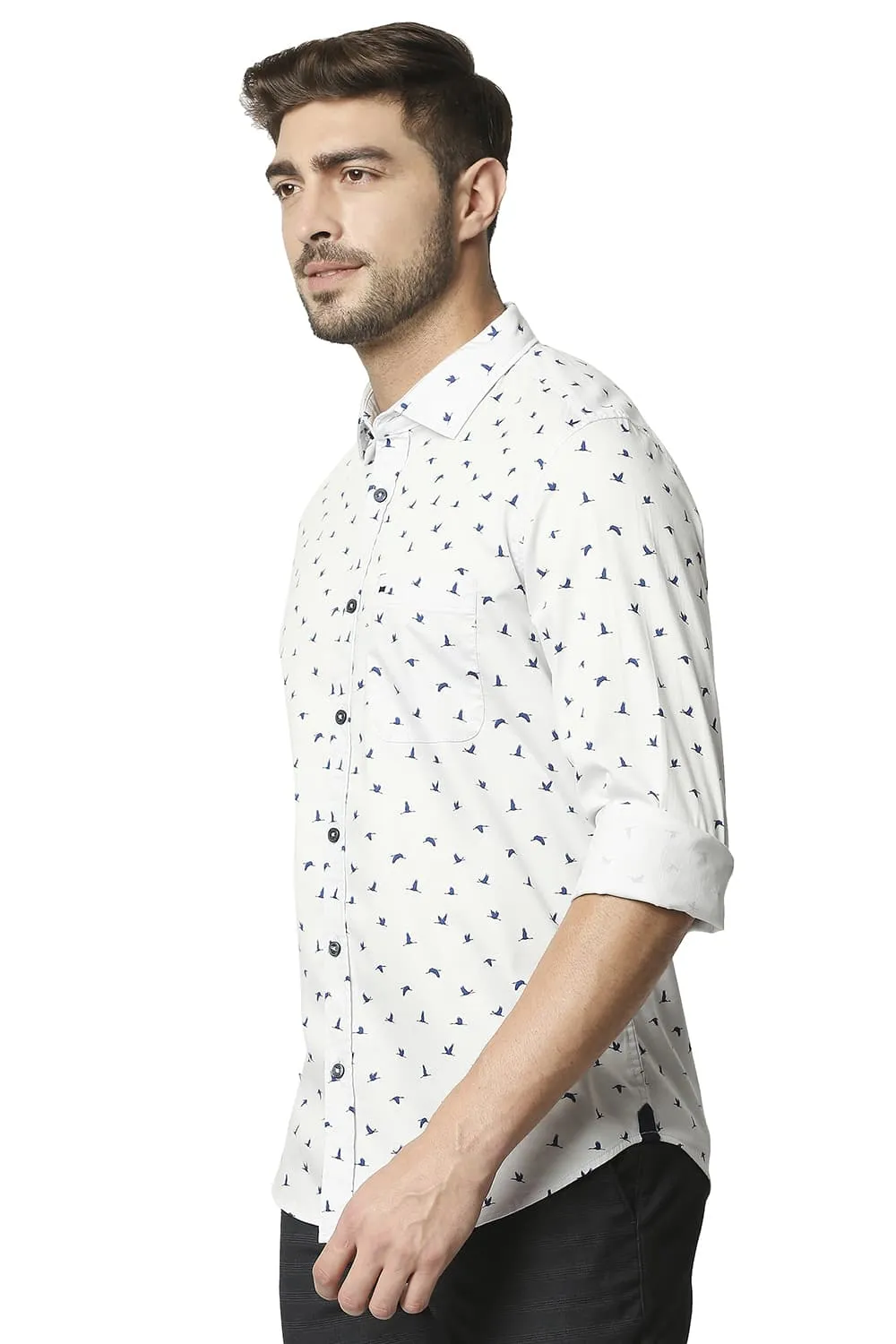 Basics Slim Fit Twill Lycra Printed Shirt