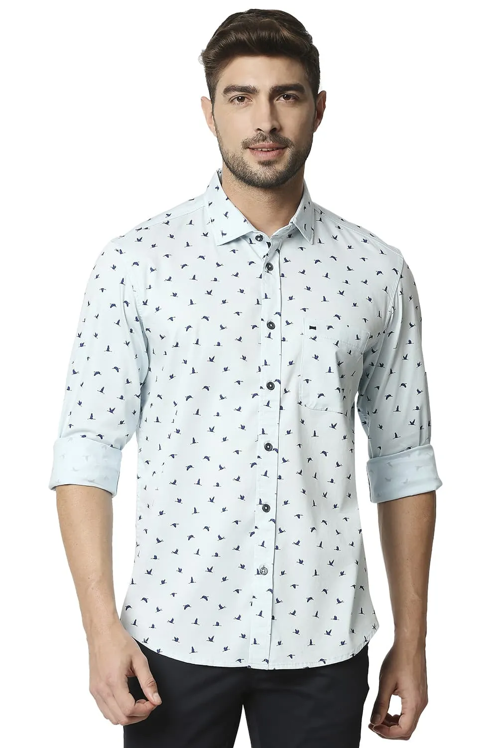 Basics Slim Fit Twill Lycra Printed Shirt