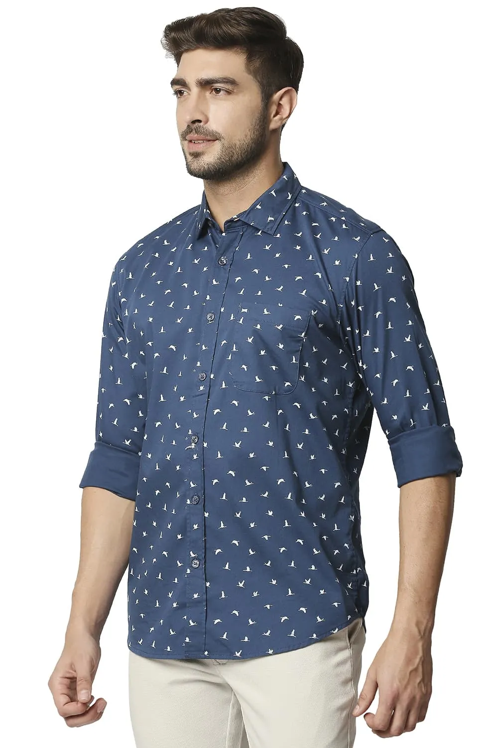 Basics Slim Fit Twill Lycra Printed Shirt