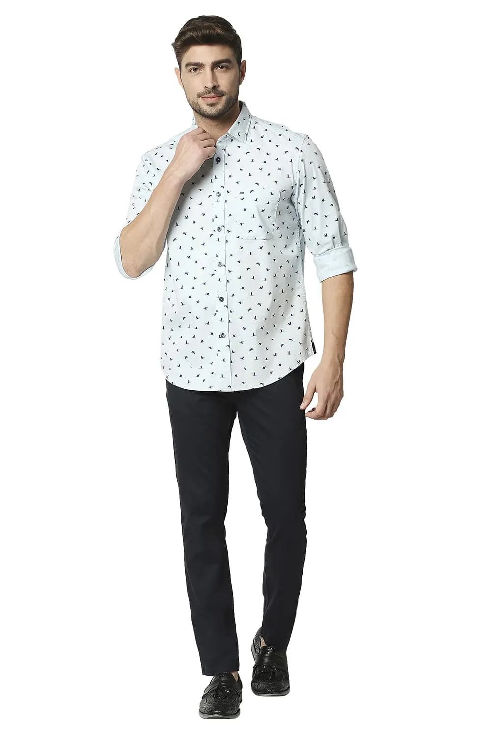 Basics Slim Fit Twill Lycra Printed Shirt