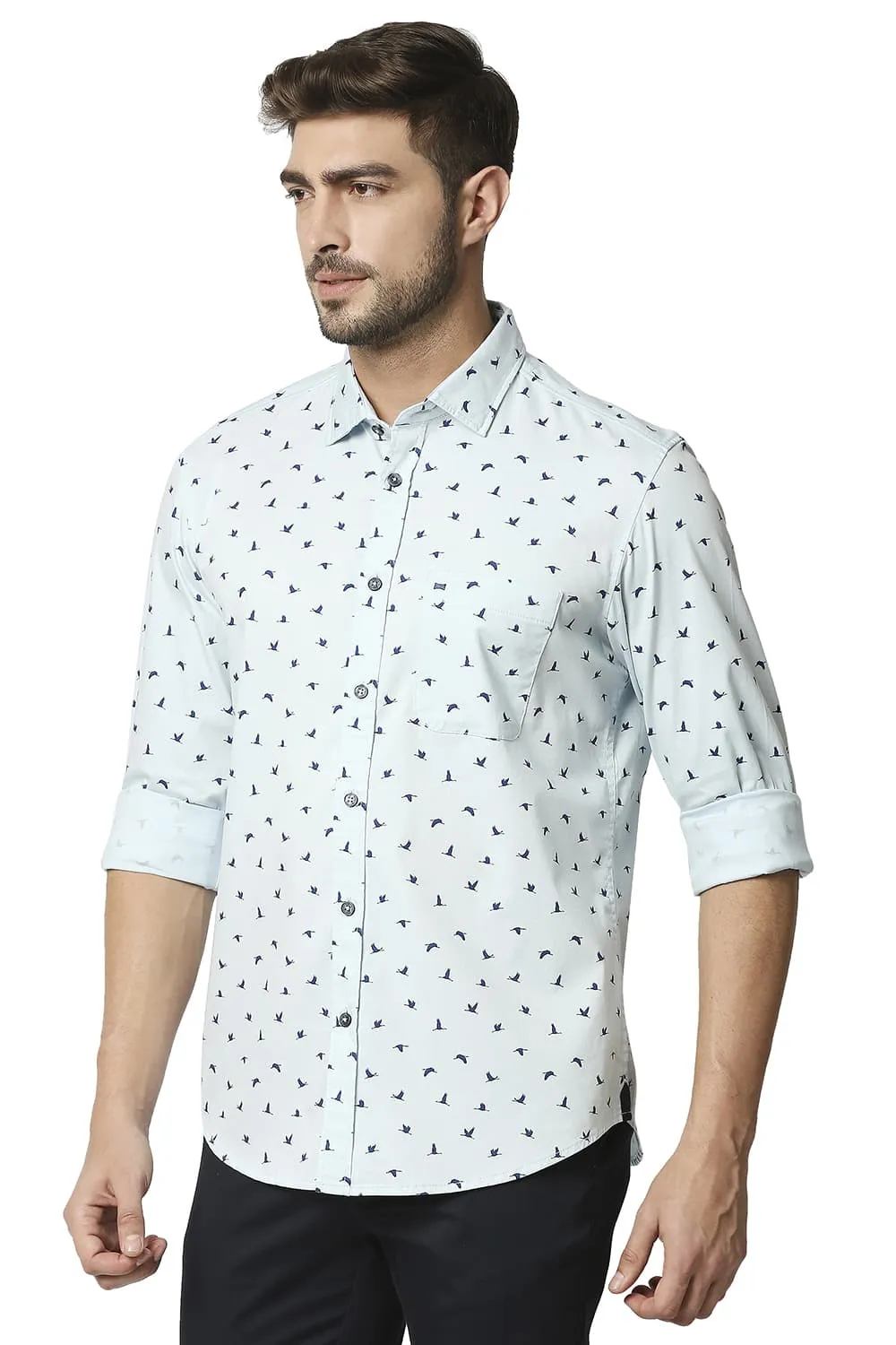 Basics Slim Fit Twill Lycra Printed Shirt