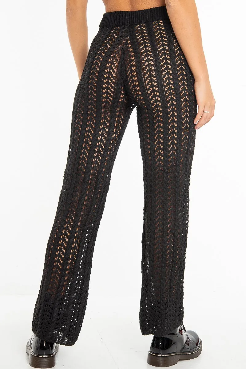 Black Open Knit Tie Waist Flared Trousers - Nadine