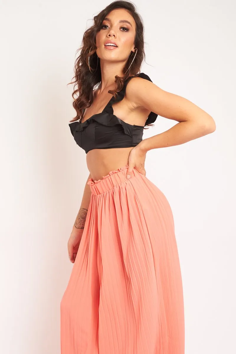 Black Satin Frill Detail Cup Style Crop Top - Elani
