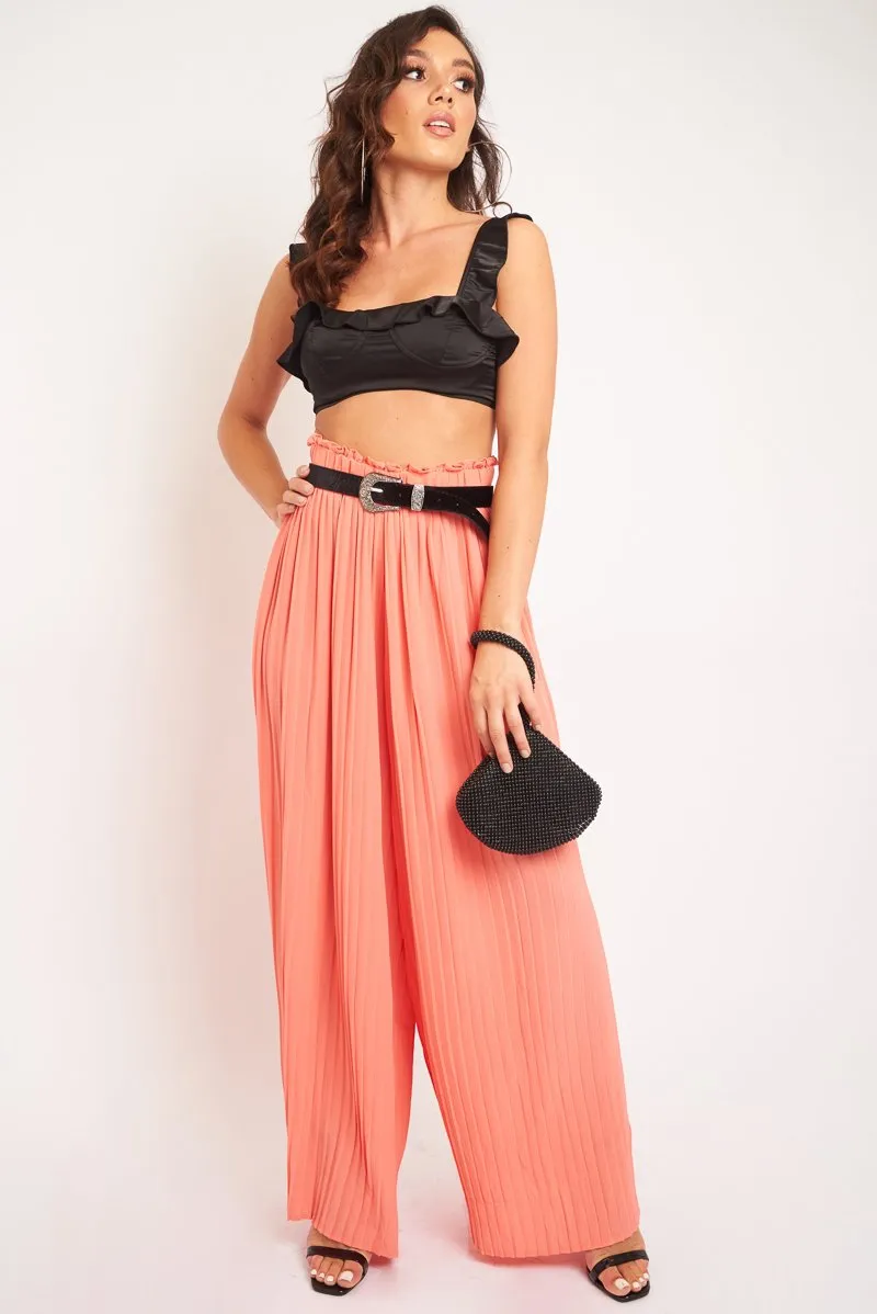 Black Satin Frill Detail Cup Style Crop Top - Elani