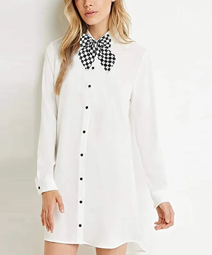 [Black White Checkered Silky] - Women Pre-Tied Bowknot Style Bow Tie