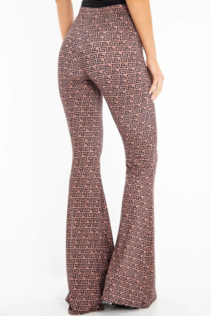 Brown Aztec Print Flared Trousers - Mianna