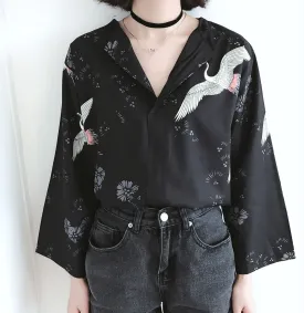 Crane Chinese Birds Chiffon Elegant Grunge Blouse