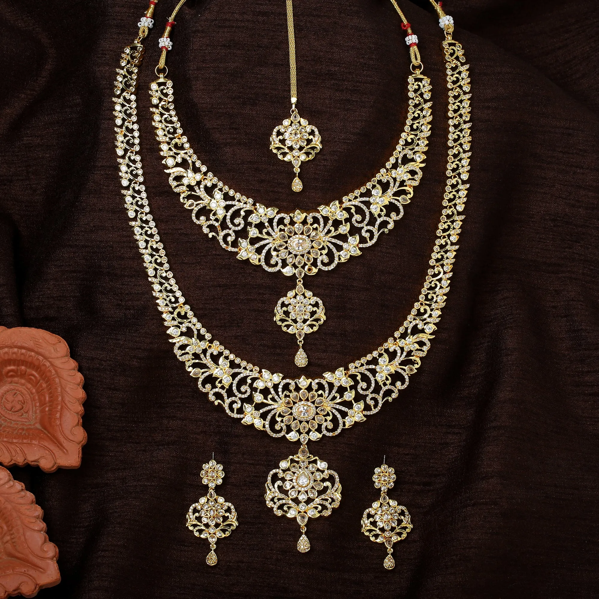 Estele Gold Plated CZ Arcadia Designer Bridal Necklace Set Combo for Women