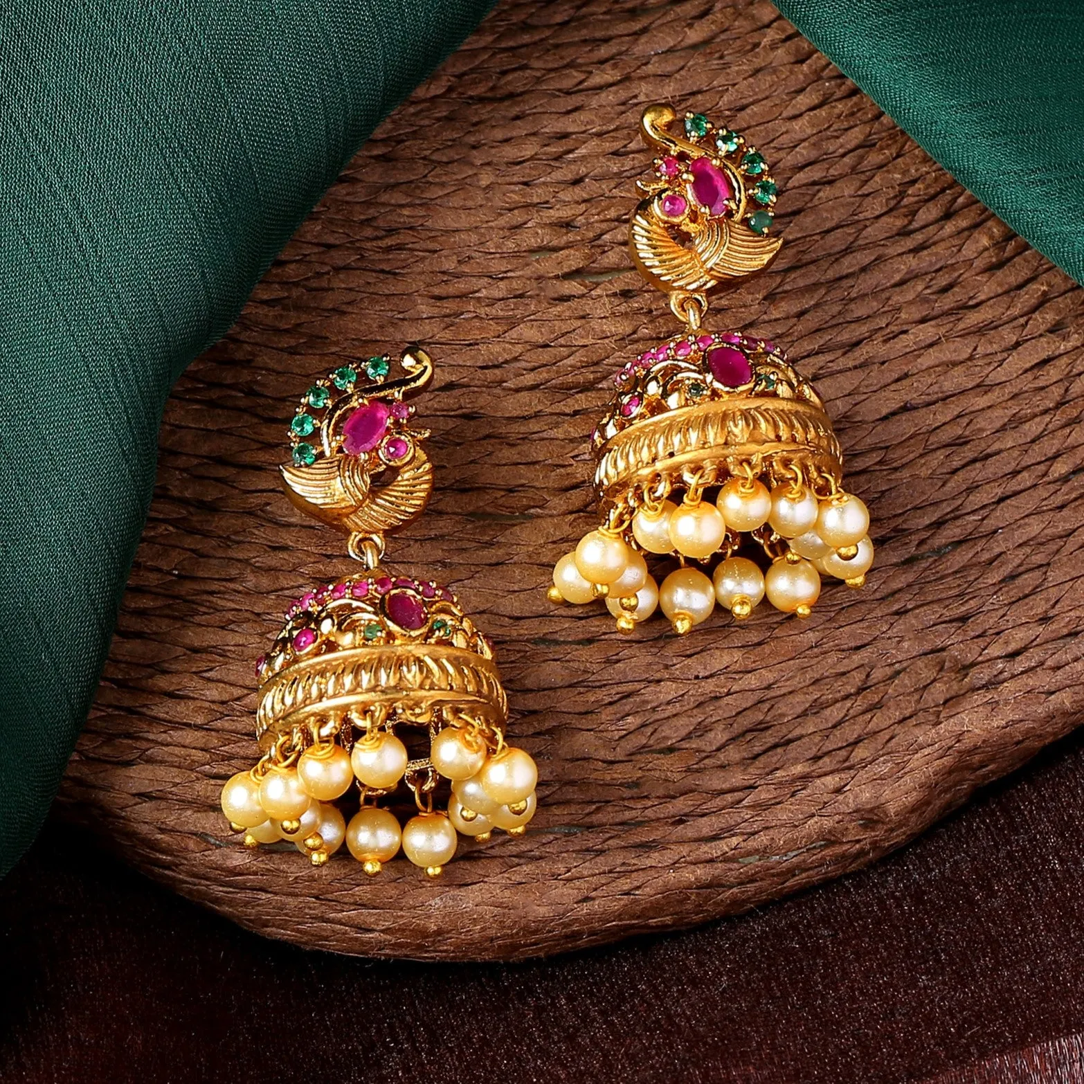 Estele Gold Plated CZ Beautiful Peacock Designer Earrings with Pearls for Women