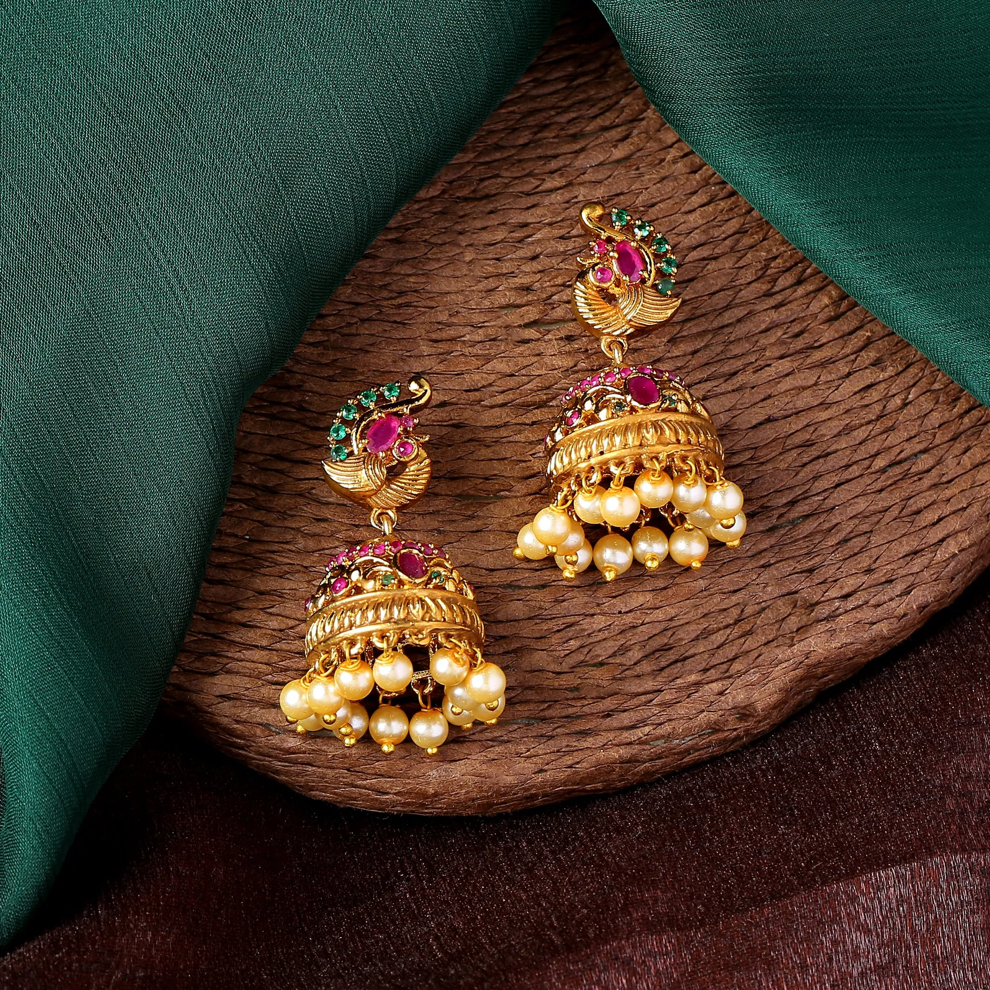 Estele Gold Plated CZ Beautiful Peacock Designer Earrings with Pearls for Women