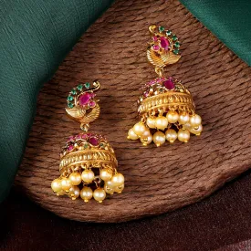 Estele Gold Plated CZ Beautiful Peacock Designer Earrings with Pearls for Women
