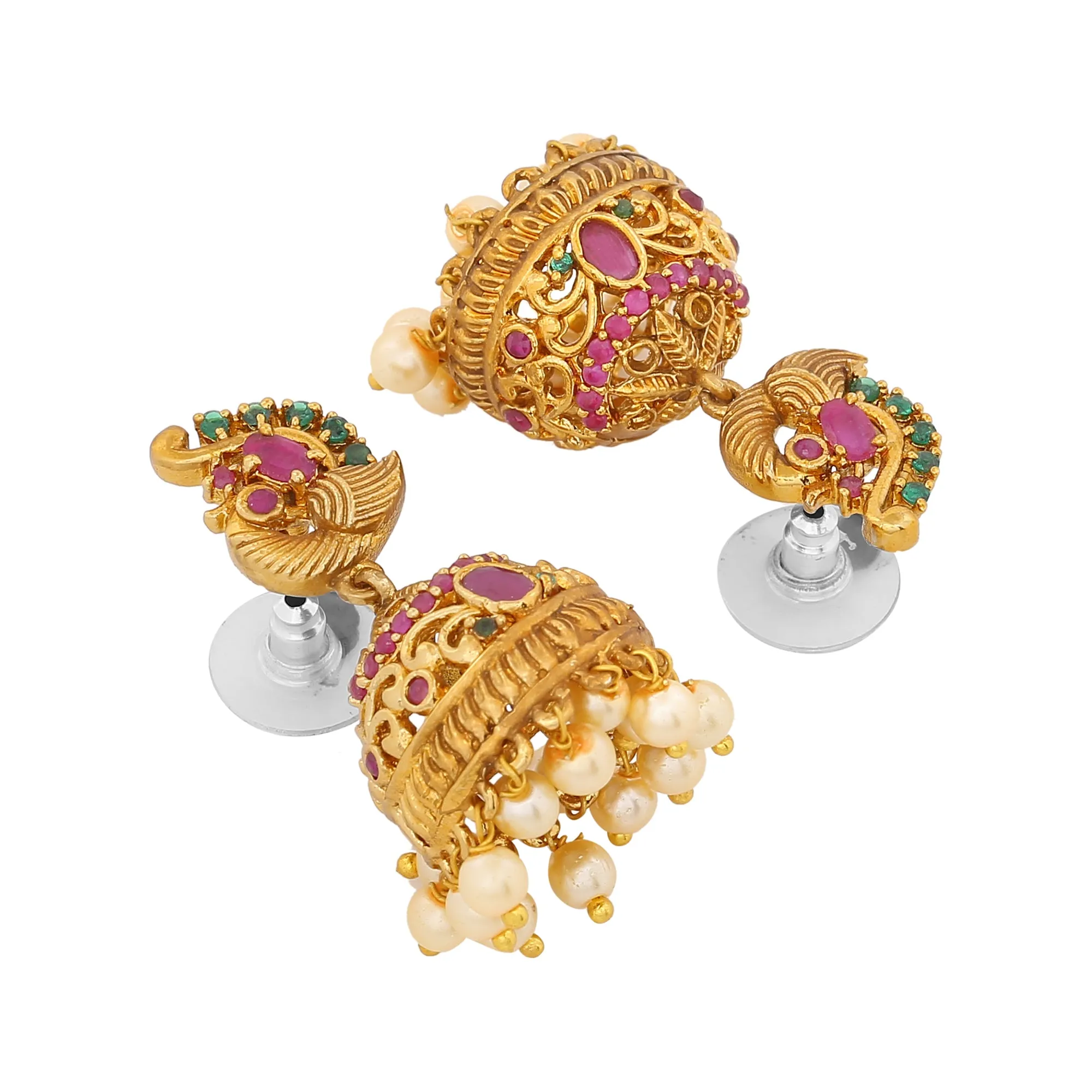 Estele Gold Plated CZ Beautiful Peacock Designer Earrings with Pearls for Women