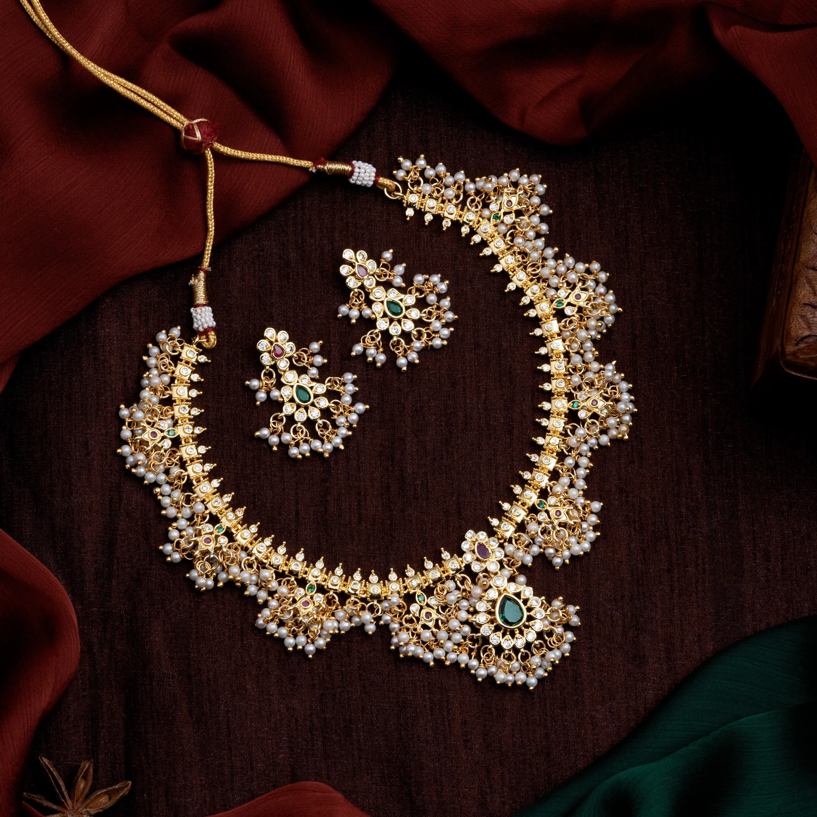 Estele Gold Plated CZ Machlipatnam Bridal Necklace Set with Pearls & Colored Crystals for Women