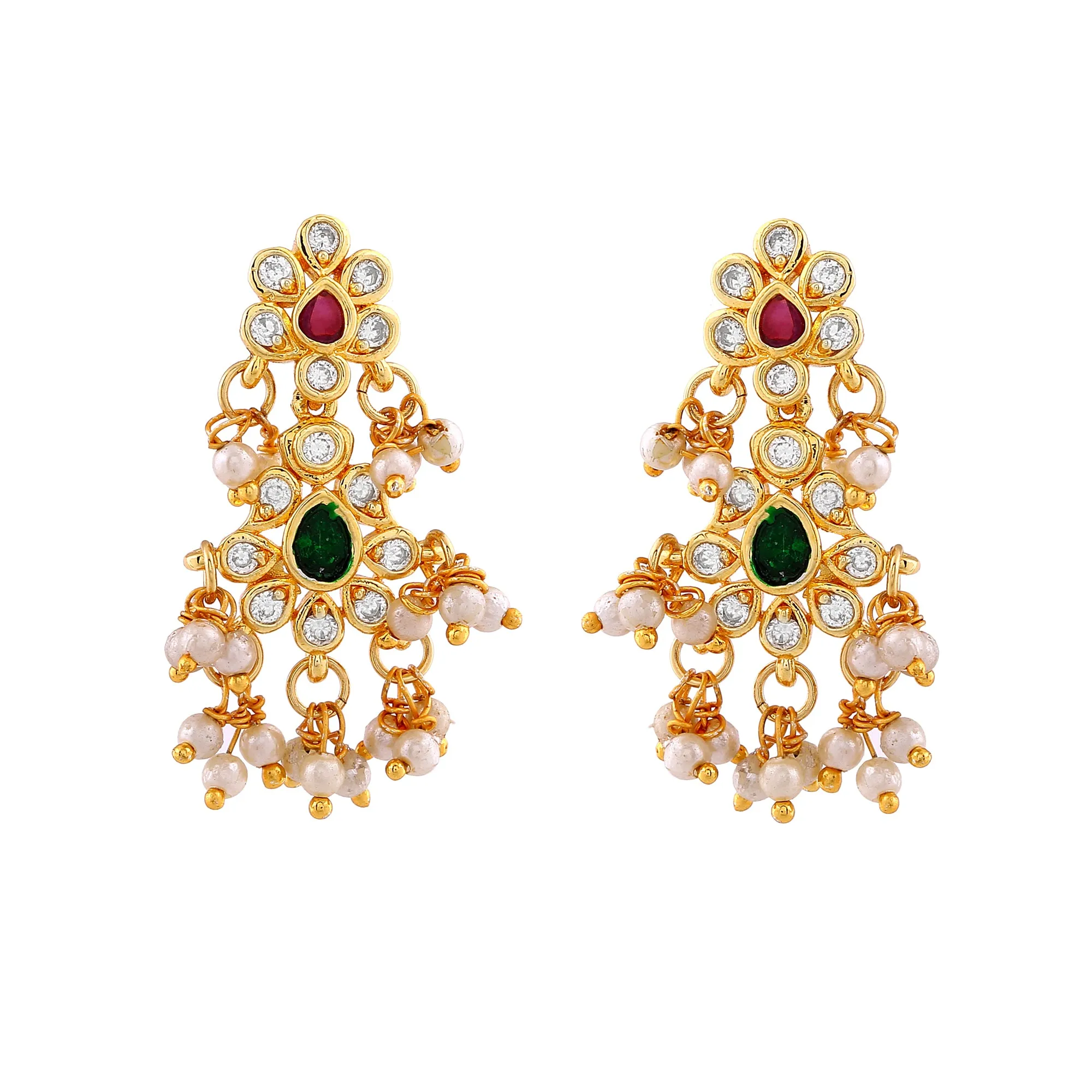Estele Gold Plated CZ Machlipatnam Bridal Necklace Set with Pearls & Colored Crystals for Women