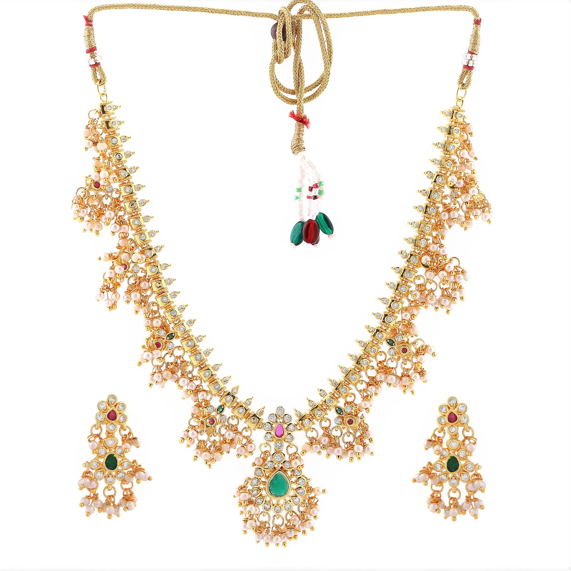Estele Gold Plated CZ Machlipatnam Bridal Necklace Set with Pearls & Colored Crystals for Women