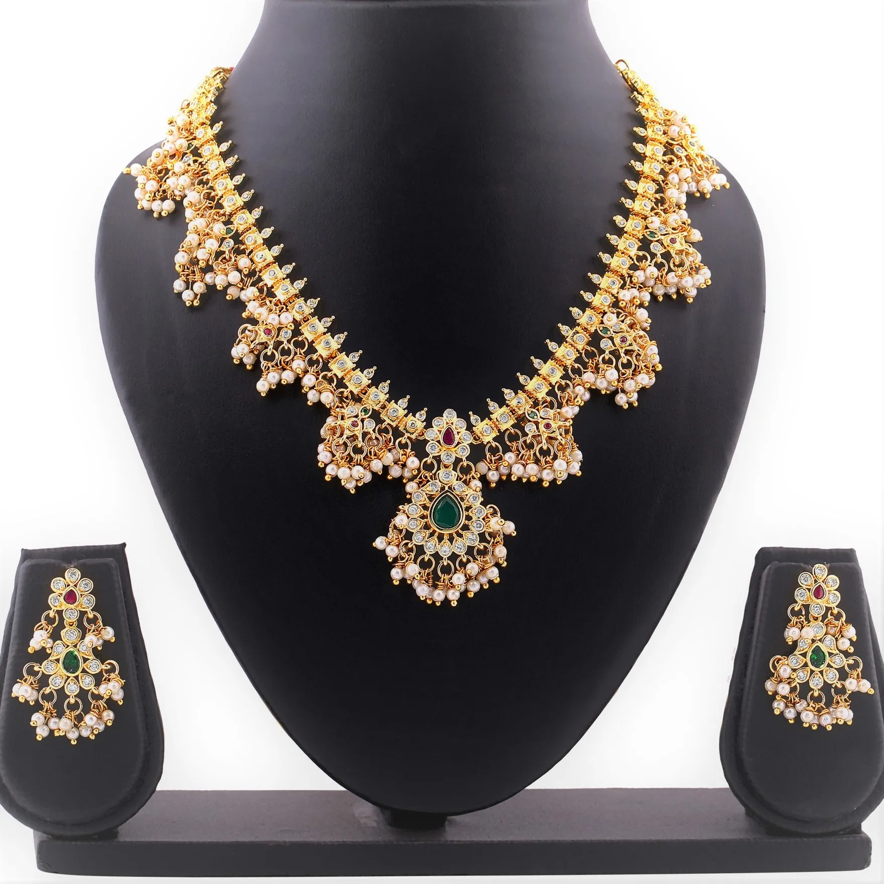 Estele Gold Plated CZ Machlipatnam Bridal Necklace Set with Pearls & Colored Crystals for Women
